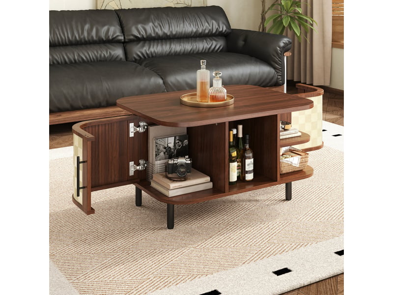  Table basse design incurvé, surface tressée, corps mdf, poignées et pieds métalliques, couleur noyer  - Conforama E