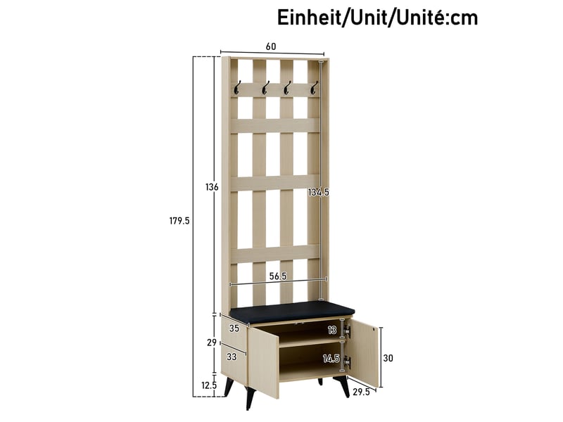 Porte-manteau moderne avec banc et patère - construction, 4 crochets pour vestes et sacs, pieds en acier noir, design élégant pour couloir et N621P467878N - Conforama E