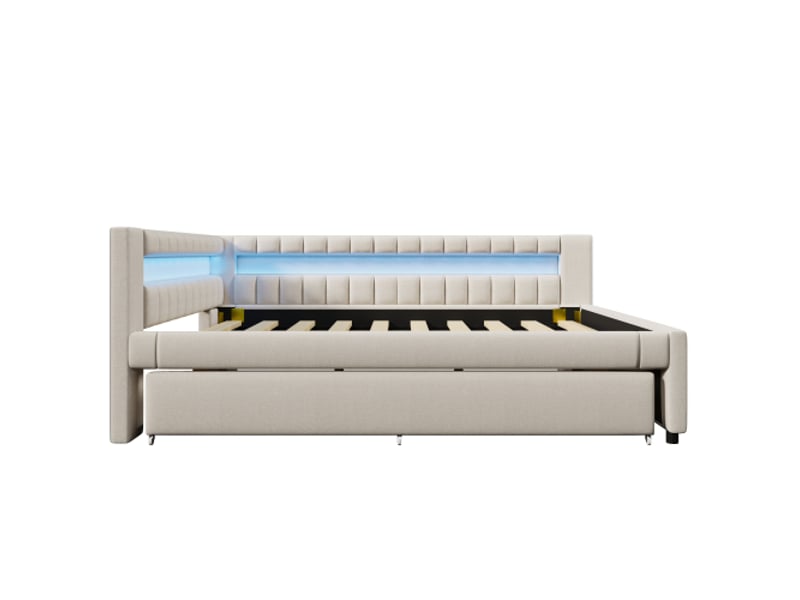  Lit canapé 140x200 cm – 2 en 1 gigogne sans matelas – barre led au pied – télécommande usb-c – lin beige  - Conforama D