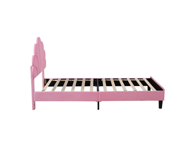  Lit enfant 90x200 cm en velours rose, tête de lit fleur, sommier à lattes, lit d’appoint  - Conforama D