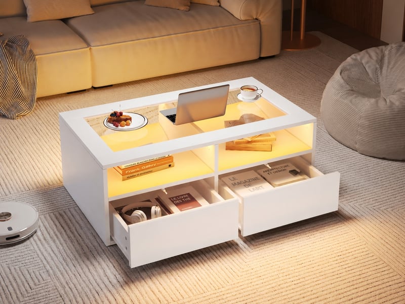 Table basse led blanche, verre trempé, 2 tiroirs et 2 niches, 100 x 50 x 35 cm, blanc - Conforama C
