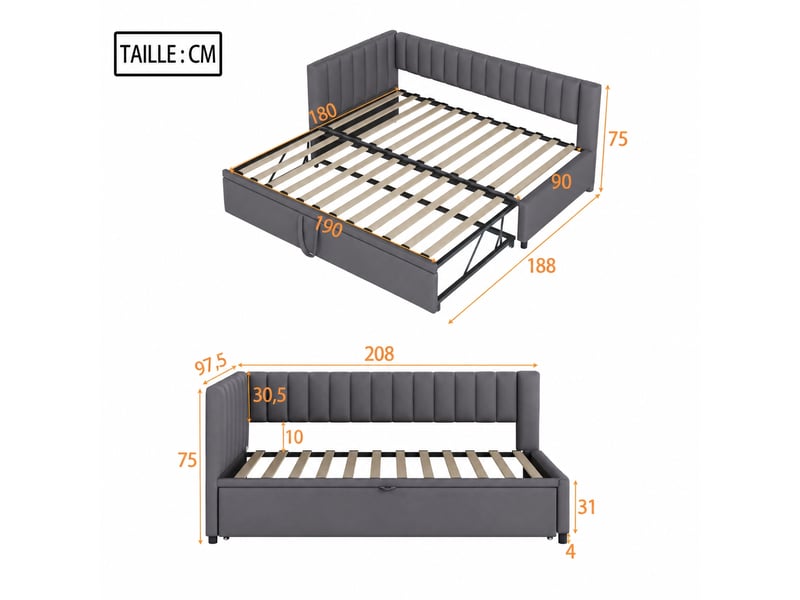 Canapé-lit gigogne d'angle multifonction 90 x 200 cm en velours gris, couchage 180 x 200 cm - Conforama C