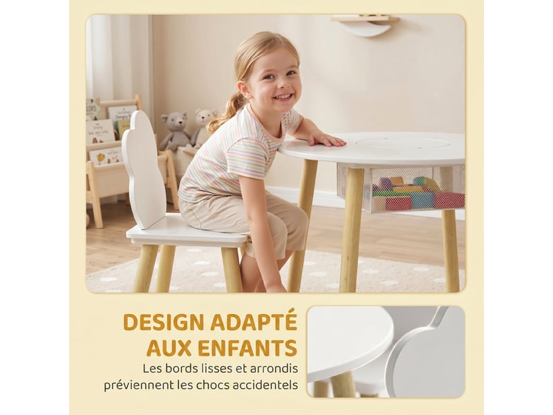  Table enfant avec chaise, ensemble table et 2 chaises en bois avec sac de rangement pour dessiner, jouer, blanc, étudier  - Conforama R