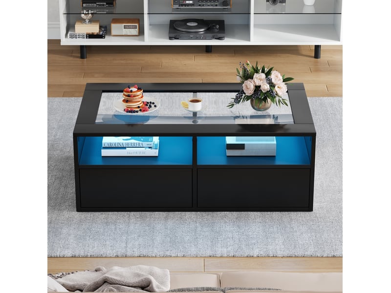  Table basse led 100 x 50 x 35 cm, 2 tiroirs, verre trempé et rangements ouverts, noire  - Conforama D