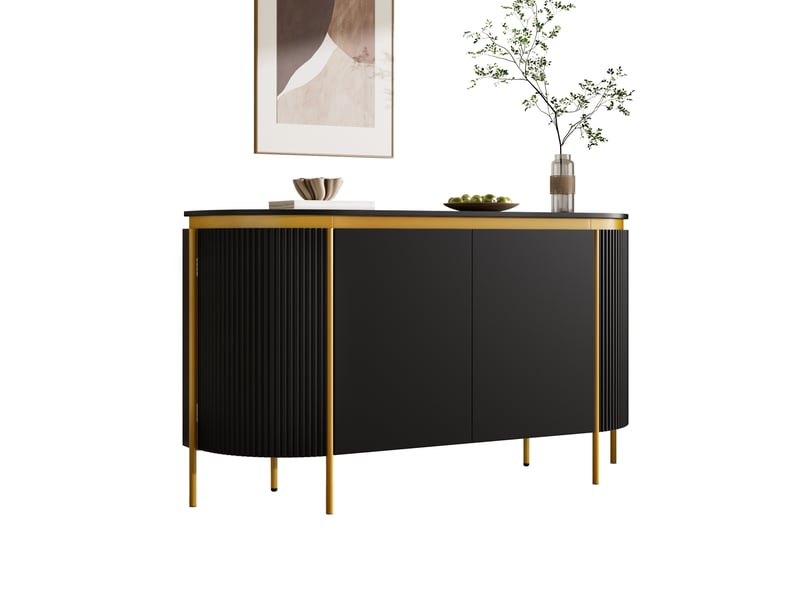  Buffet bas 140x38x80 cm ovale avec 4 portes sans poignées mdf couleur noir, design élégant, pieds en fer, forme ovale  - Conforama A