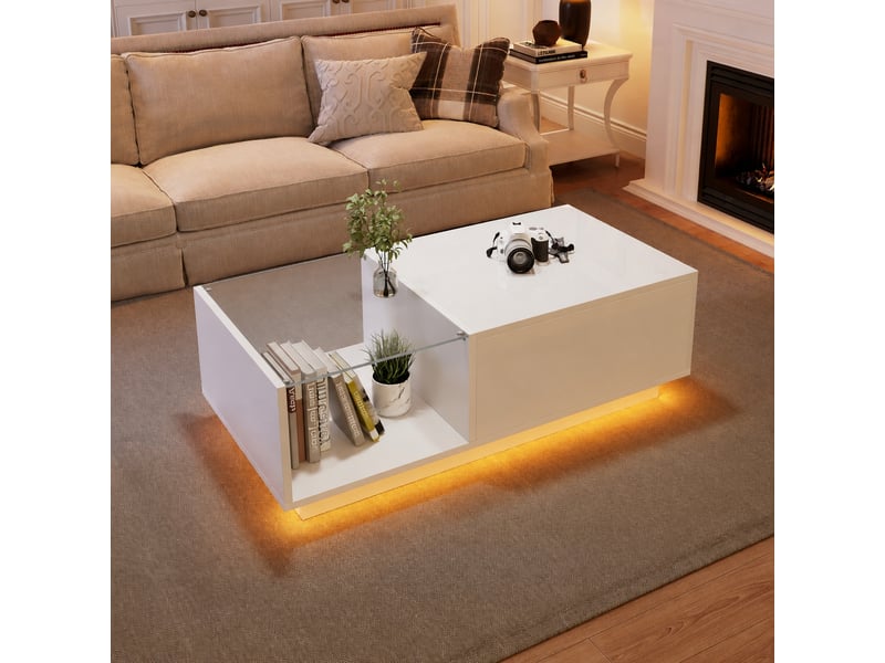 Table basse led blanche avec plateau relevable, rangement caché, 100 x 50 cm, blanc - Conforama E