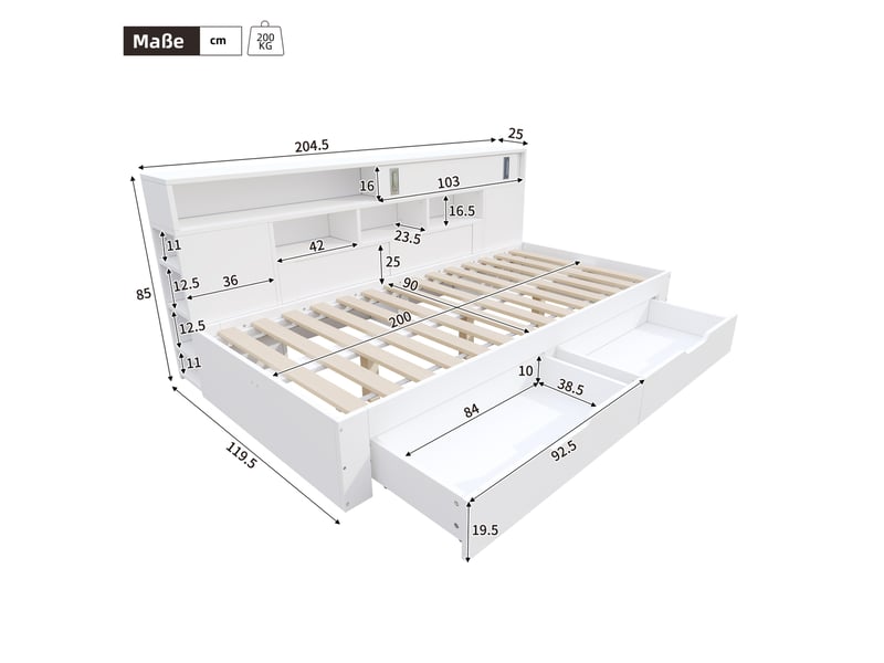  Modenvie lit banquette enfant 90x200 cm - avec tiroirs, bibliotheque et placard lateral, sans matelas - blanc  - Conforama C