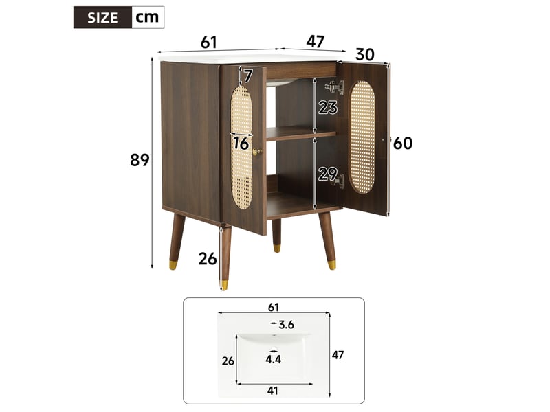  Meuble sous vasque avec 2 portes en rotin, 2 étagères fixes et vasque en céramique, noyer, 61 × 47 × 89 cm  - Conforama C