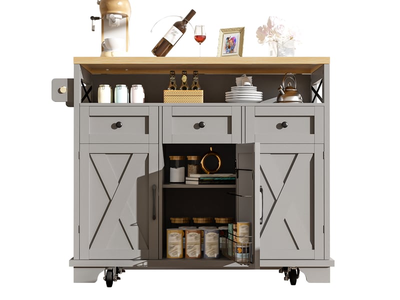  Desserte de cuisine 118x43-80x98 cm grise mdf et métal, plan rabattable, rangement et 5 roulettes  - Conforama A