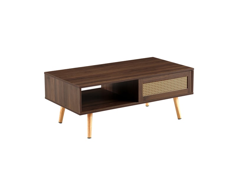 Table basse moderne en rotin, noyer foncé, 105 × 55 × 40 cm, portes coulissantes, pieds bois massif - Conforama D