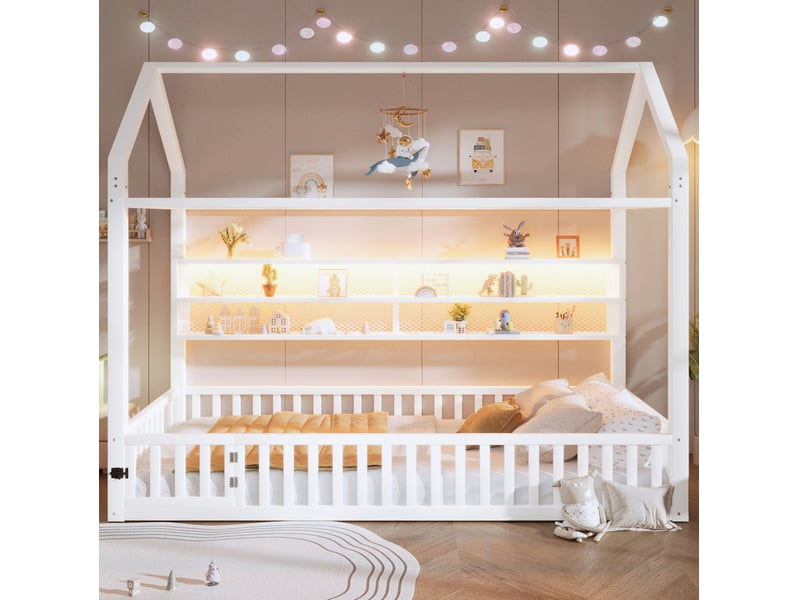  Lit cabane enfant 90x200cm avec barrière et lumières led, métal, blanc  - Conforama B