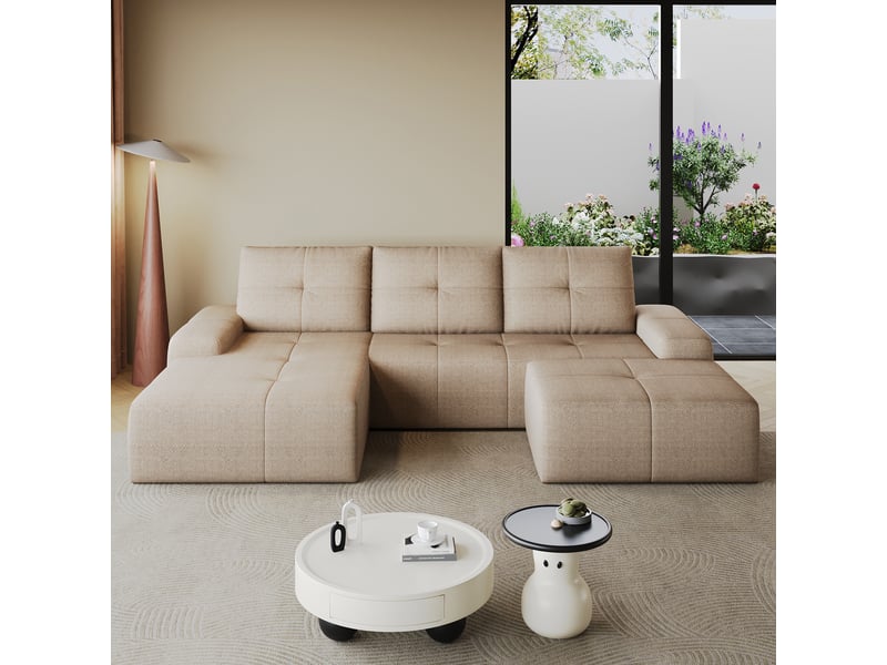 Canapé d'angle 262 cm en l avec méridienne à gauche et pouf, canapé nuage en mousse compressée sous vide pour salon, kaki Seren Glow - Conforama D