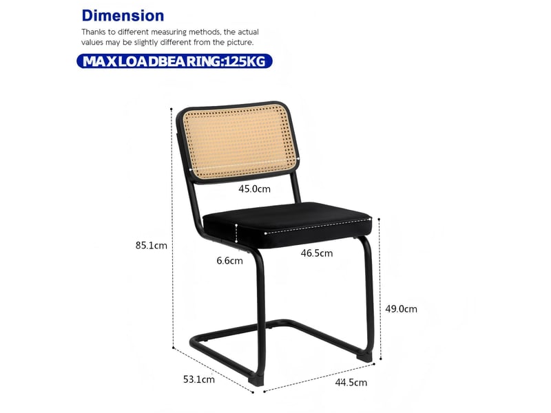  Lot de 2 chaises de salle à manger cantilever – 46,5 x 53,1 x 84,1 cm – dossier cannage en rotin &amp; assise velours – structure métal chromé - noir  - Conforama C