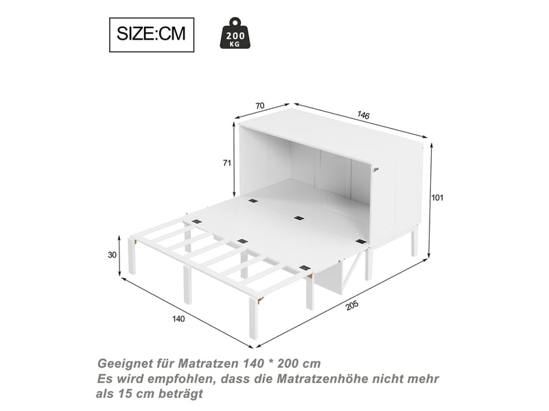  Lit escamotable vertical 140x200 cm avec sommier à lattes, blanc, gain de place  - Conforama C