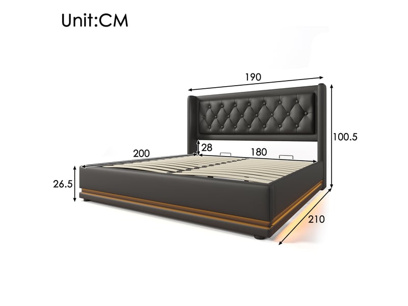  Lit double coffre hydraulique 180 x 200 cm avec led, usb-c et sommier, noir  - Conforama C