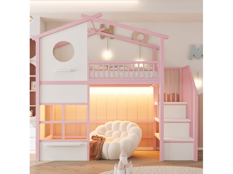  Lit mezzanine maison 90x200 cm avec éclairage led et escalier avec rangement, métal, rose et blanc, vendu sans matelas  - Conforama B