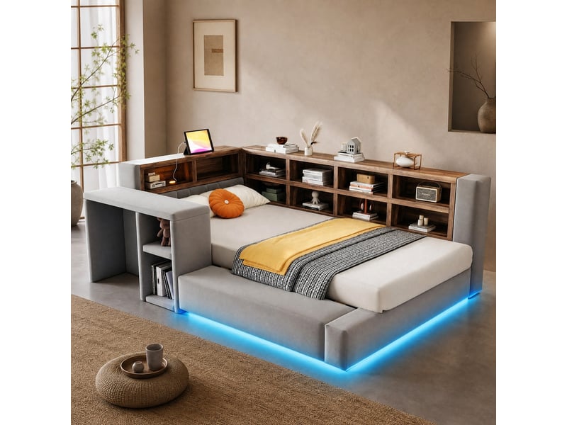  Lit à structure moderne 90 x 200 cm avec taie de protection, espaces de rangement multi-niveaux, éclairage led, prises intégrées tête de lit, tablette de chevet, dossier rembourré, gris foncé  - Conforama C
