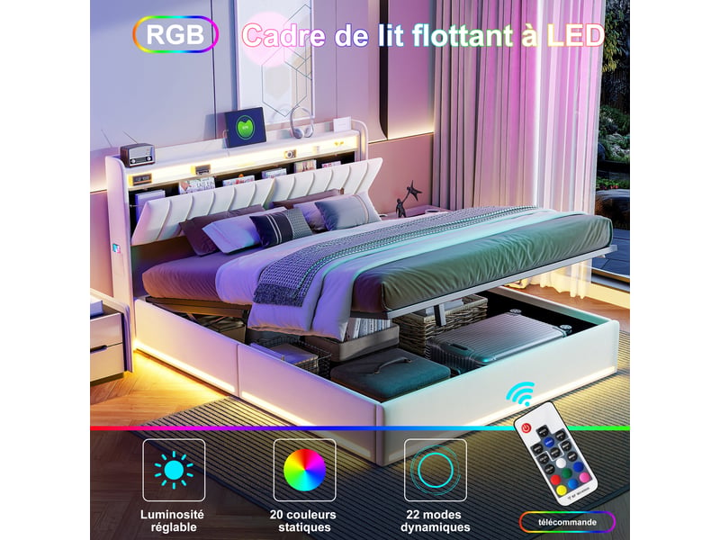  Lit rembourré 160 x 200 cm avec rangement, lit double avec éclairage led et port usb, lit hydraulique avec tête de lit et sommier à lattes, lit pour adolescent, velours, beige 250616WXL0604#ADHP0HWwEfDELLM - Conforama D