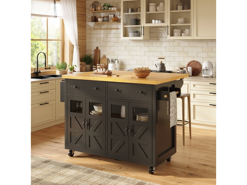  Îlot de cuisine multifonction noir avec plateau extensible, chariot de service à roulettes pour salle à manger et salon  - Conforama D