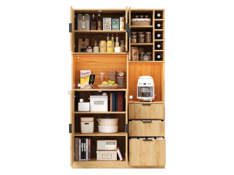  Armoire de cuisine meuble bar 105x40x180 cm - led et prises - 3 tiroirs - range-bouteilles - mdf - bois naturel  - Conforama A