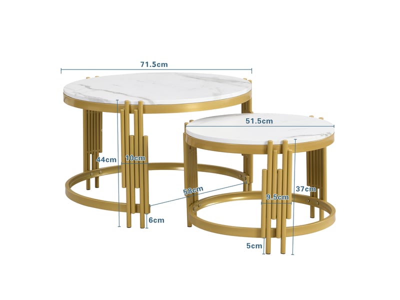  Tables basses 71,5x71,5x44 et 51,5x51,5x37 cm gigognes, 2 plateaux ronds en mdf décor marbre, métal doré et blanc ABC - Conforama C