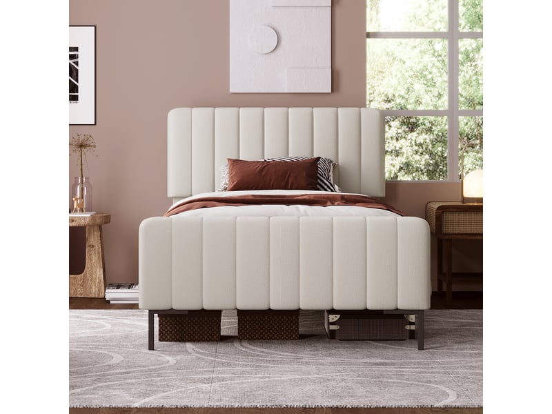 Lit rembourré 90x200 cm, lit simple pour ado avec tête de lit réglable en hauteur, sommier à lattes en pin, lin, gris beige - Conforama E