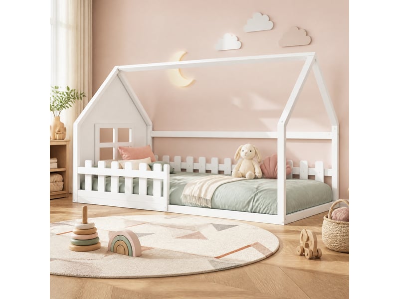 Lit cabane enfant 200×90 cm avec structure en forme de maison et 7 lattes, en pin et mdf blanc - Conforama B