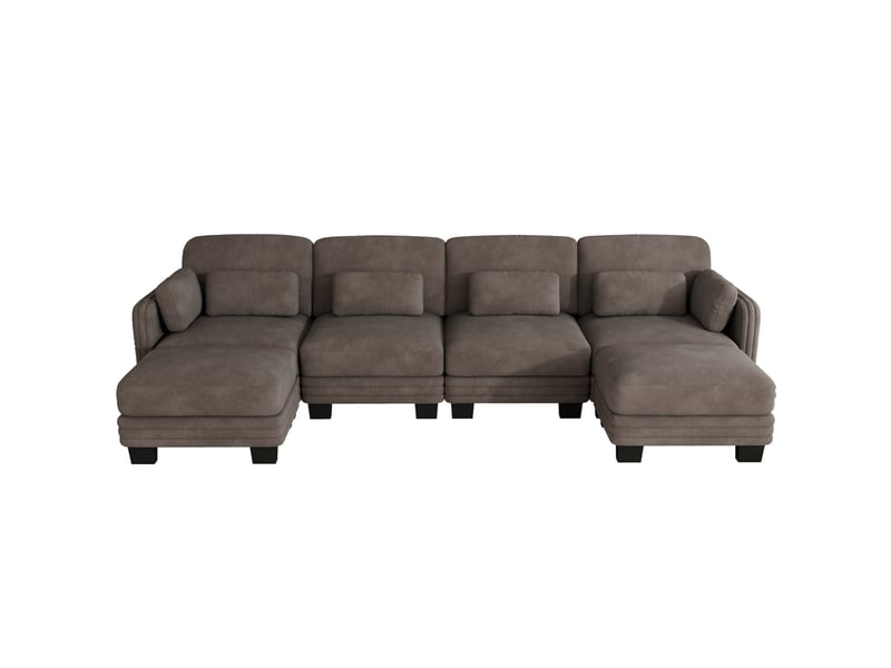 Canapé d'angle modulaire 4 places avec 2 ottomans en chenille marron 330x143x88 cm  - Conforama E