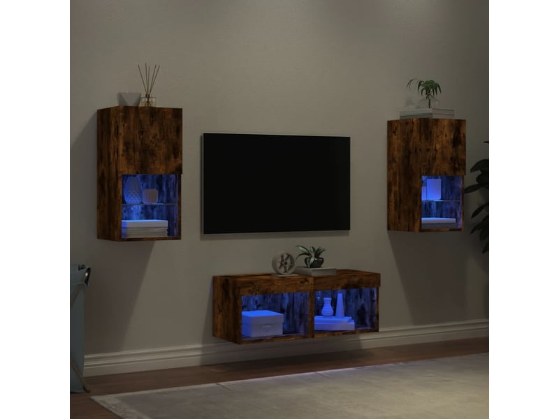 Meuble tv - banc tv - meuble de rangement muraux 4 pcs avec lumières led chêne fumé - Conforama B