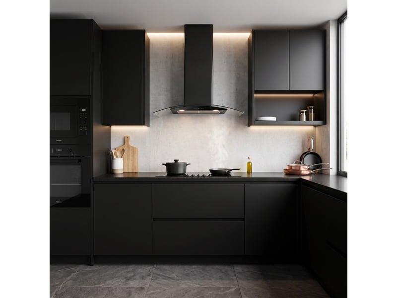 Hotte decorative murale 90 cm - verre et noir - 850 m3h - moteur brushless a+++ commande tactile et gestuelle - beldeko - Conforama D