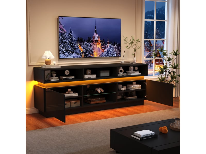  Meuble tv,160x35x60 cm,avec led et rangement,mdf,noir  - Conforama C