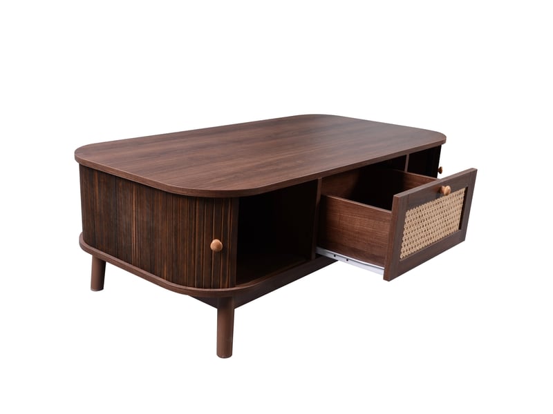  Table basse naturel, rangement, rotin, portes coulissantes, design moderne, façade texturée - mdf et bois et rotin - 110x55x38.5cm  - Conforama B