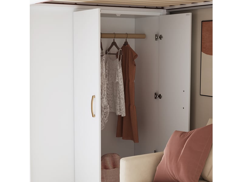  Lit mezzanine 90x200cm, lit enfant, lit simple, armoire, rangement, escalier sécurisé, bois et mdf, blanc sans matelas  - Conforama E