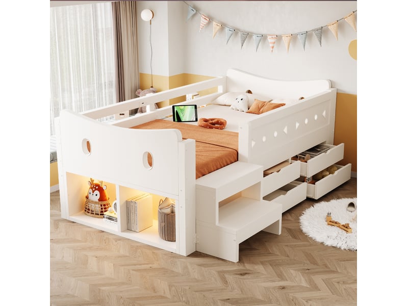  Lit enfant 90 x 200 cm blanc avec rangements, tiroirs, barrières de sécurité, éclairage led et ports usbtype-c  - Conforama B