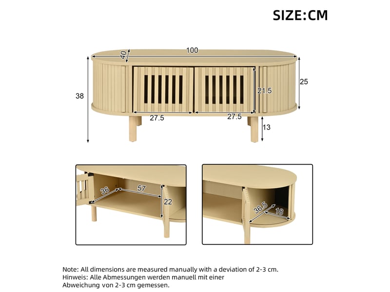  Table basse ovale 100x40x38 cm avec portes à lamelles et porte coulissante mdf et bois couleur naturelle  - Conforama C