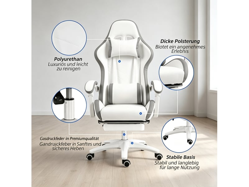 Chaise de bureau avec dossier inclinable à 135°, repose-pieds, coussins lombaire et cervical en polyuréthane blanc - Conforama D