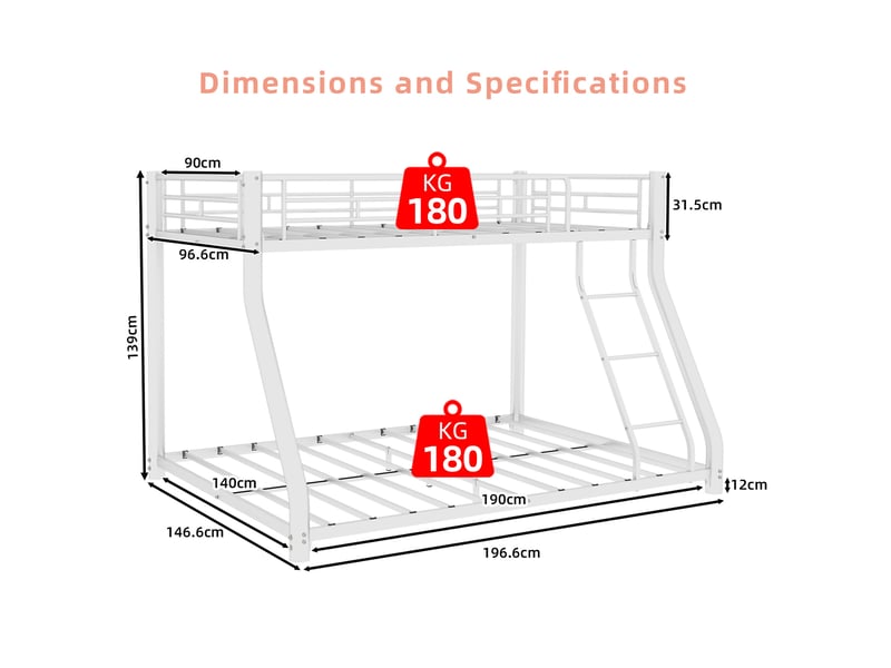 Lit superposé 2 places 90 × 190 cm et 140 × 190 cm avec échelle et barrières, sans matelas, en métal blanc - Conforama D