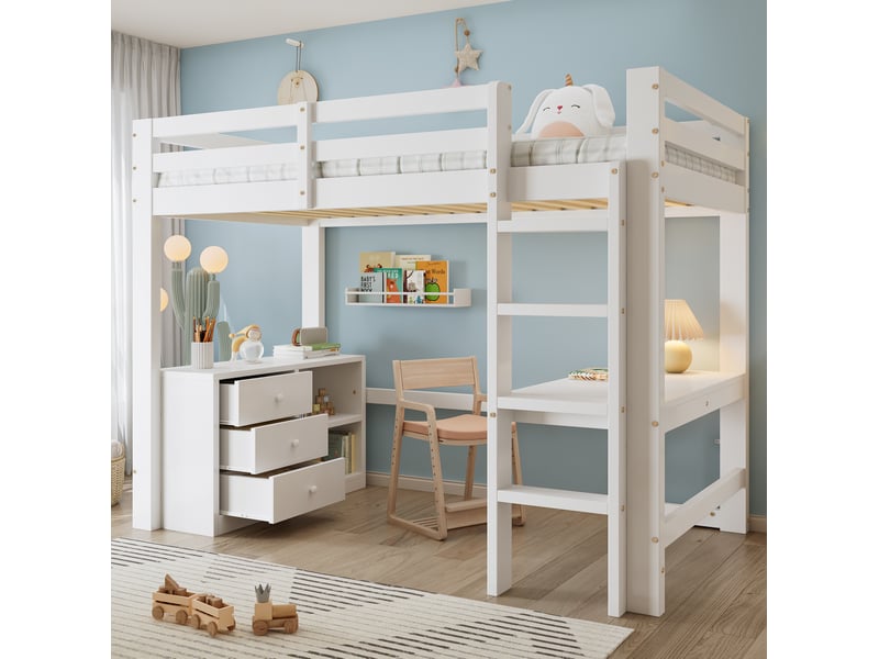  Modenvie lit mezzanine enfant 90x200 cm - avec bureau intégré, armoire à tiroirs, sans matelas - blanc  - Conforama D