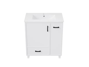 Meuble vasque blanc laqué mdf et céramique 76,5×47×82 cm, 2 tiroirs dont 1 latéral à 2 niveaux, porte avec étagères