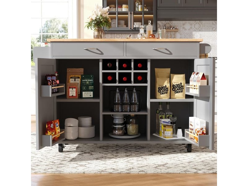  Îlot de cuisine - moderne - gris - mdf &amp; métal - rangement flexible - roulettes 360°  - Conforama B