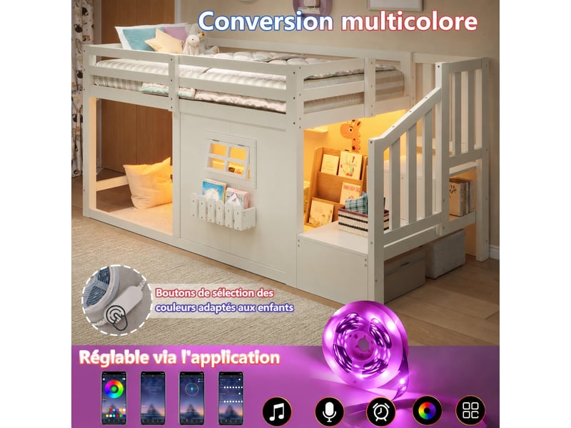  Lit mezzanine enfant 90x200 cm avec escalier de rangement, fenêtre et éclairage led, blanc, sans matelas  - Conforama D