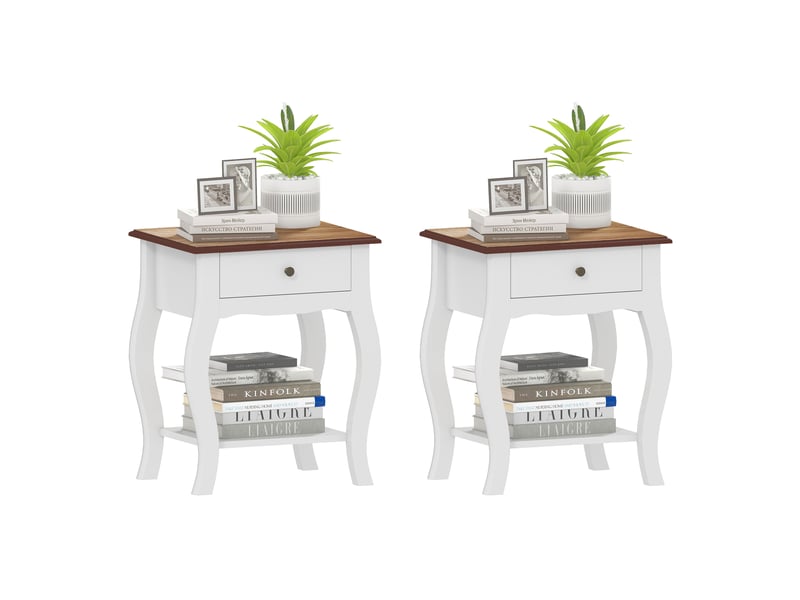  Lot de 2 tables de chevet avec tiroir, étagère ouverte et plateau effet chêne, style français, 45 x 35 x 55 cm, blanc et chêne  - Conforama A
