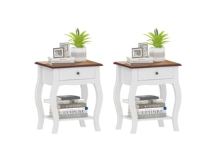 Lot de 2 tables de chevet avec tiroir, étagère ouverte et plateau effet chêne, style français, 45 x 35 x 55 cm, blanc et chêne