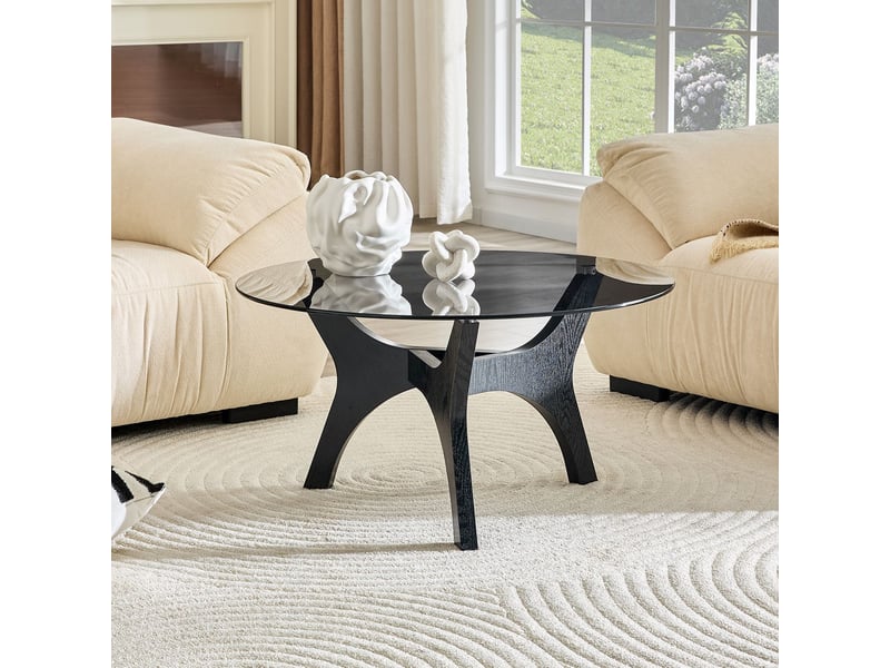  Table basse 80 cm forme ronde plateau en verre cadre bois noir structure stable résistant à la chaleur et aux rayures  - Conforama B