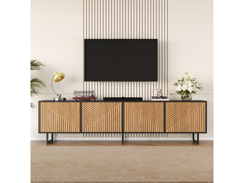  Meuble tv 180x40x50 cm - meuble bas avec 4 portes, façade thermoformée, adapté aux tv jusqu’à 80 pouces - bois naturel et noir  - Conforama B