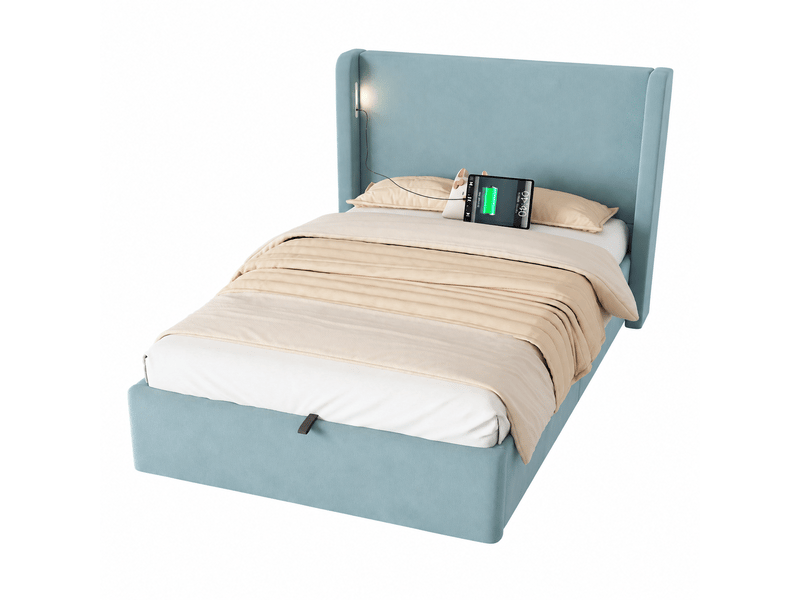  Lit coffre 90 x 200 cm avec sommier relevable, velours bleu et tête de lit rembourrée  - Conforama W