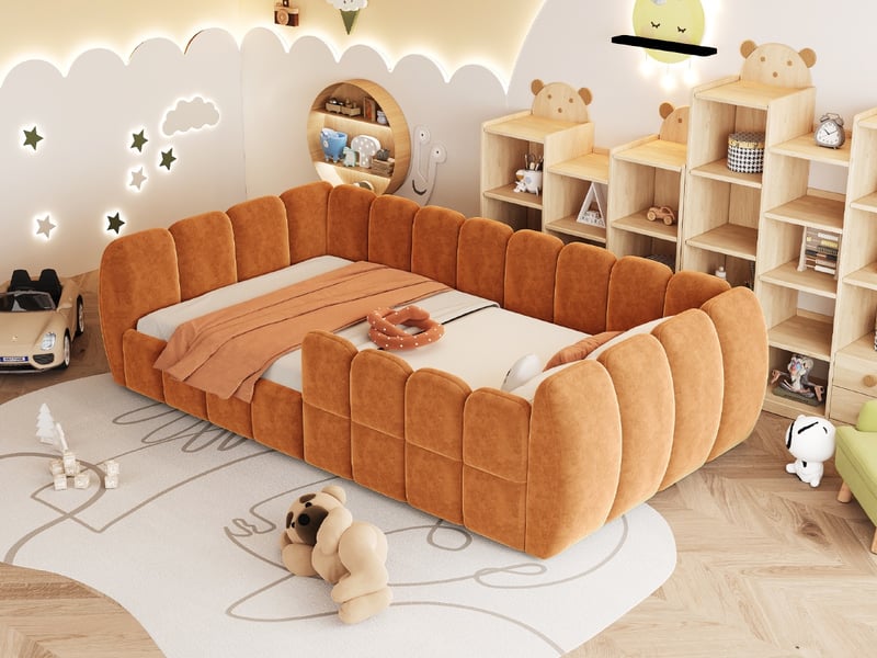  Lit au sol rembourré enfant 90x200 cm – lit simple 90x200 - cadre entièrement fermé avec bords arrondis – velours – orange  - Conforama B