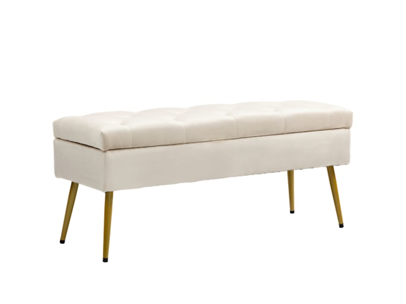  Banc coffre beige effet velours, couvercle, cadre métallique, rangement, 102x35x43 cm  - Conforama A