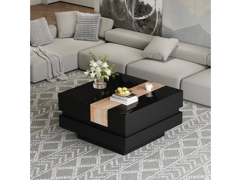  Table basse carrée plateau extensible rangement caché 70x70x39 cm - noir brillant mdf  - Conforama D