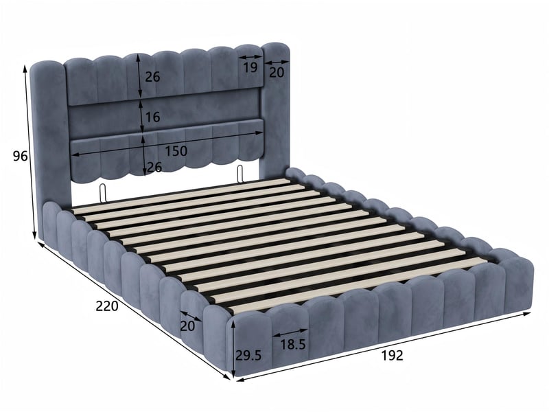 Lit coffre 180x200 cm - lit capitonné gris avec led et usb - sommier relevable - grand rangement - Conforama C